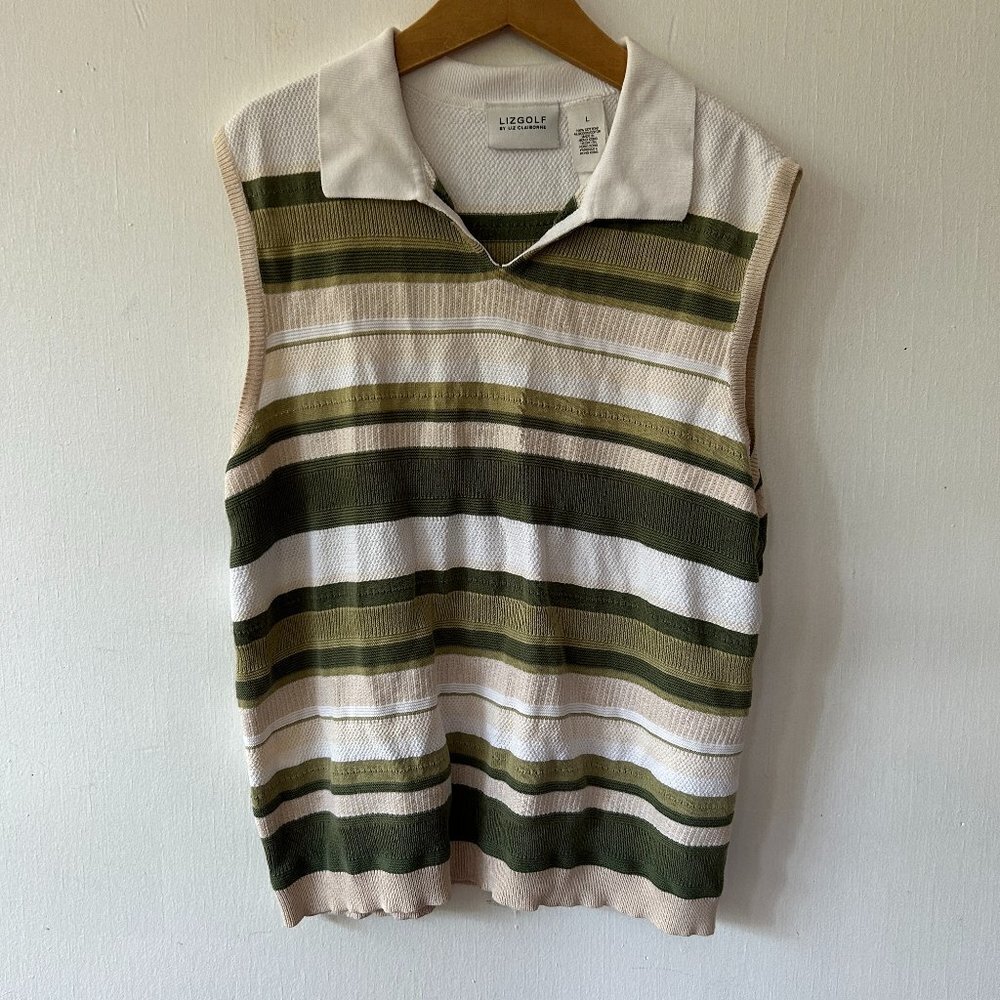 Liz Golf Sleeveless Collared Top Womens Large Green Striped Knit Y2K Tennis Prep